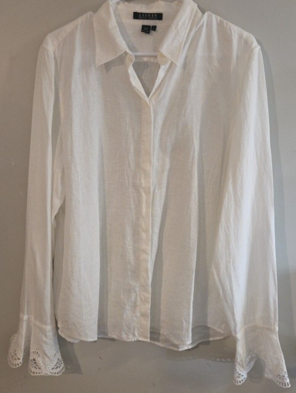 LAUREN RALPH LAUREN Size 14 100% Linen Shirt Eyelet Ruffle Cuff Button Up White
